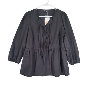 PrettyGarden Babydoll Peplum Top Women Medium Black NEW Tie Front Puff Sleeve